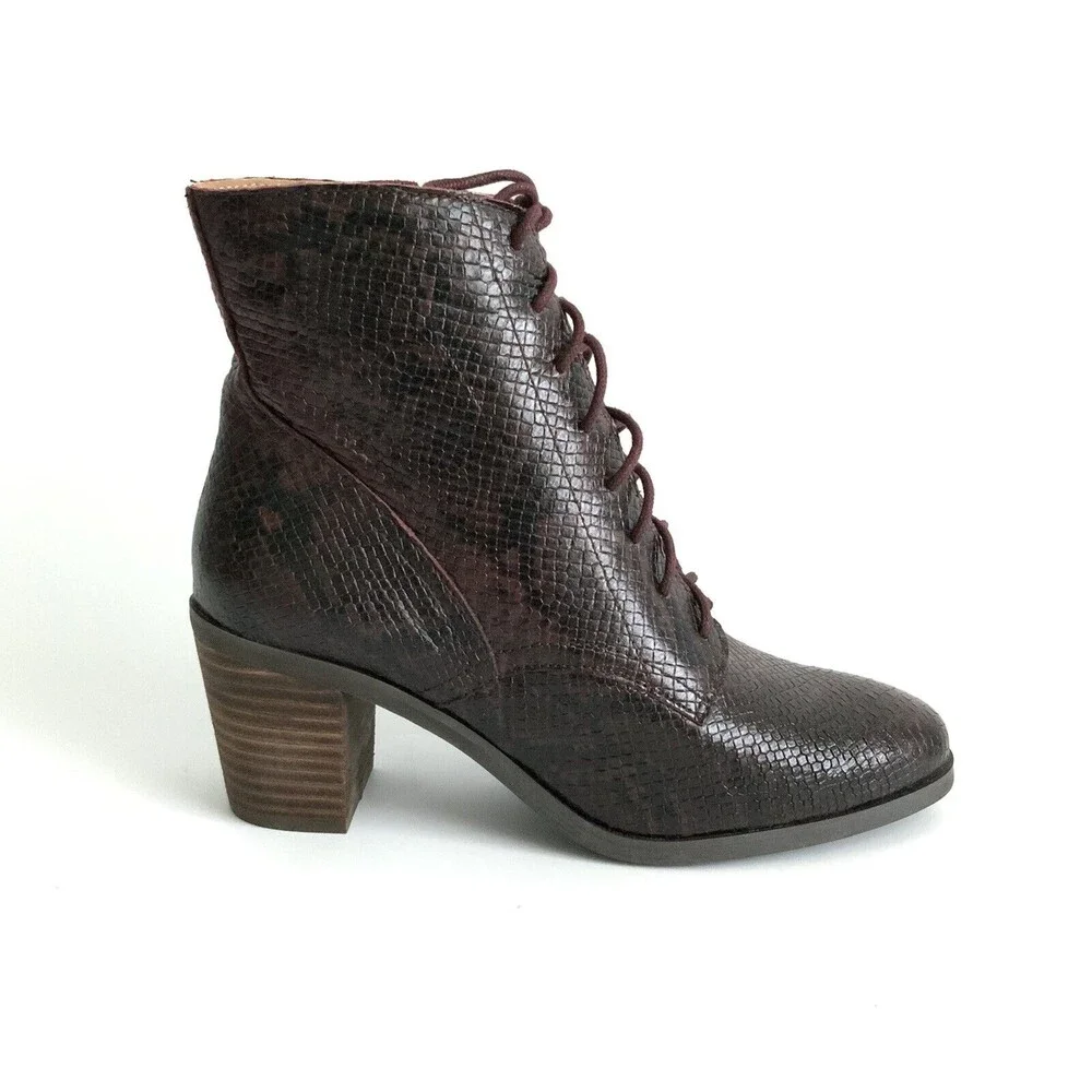 Lucky Brand Leather Persee Snake Print Lace Up Boots Burgundy 6.5